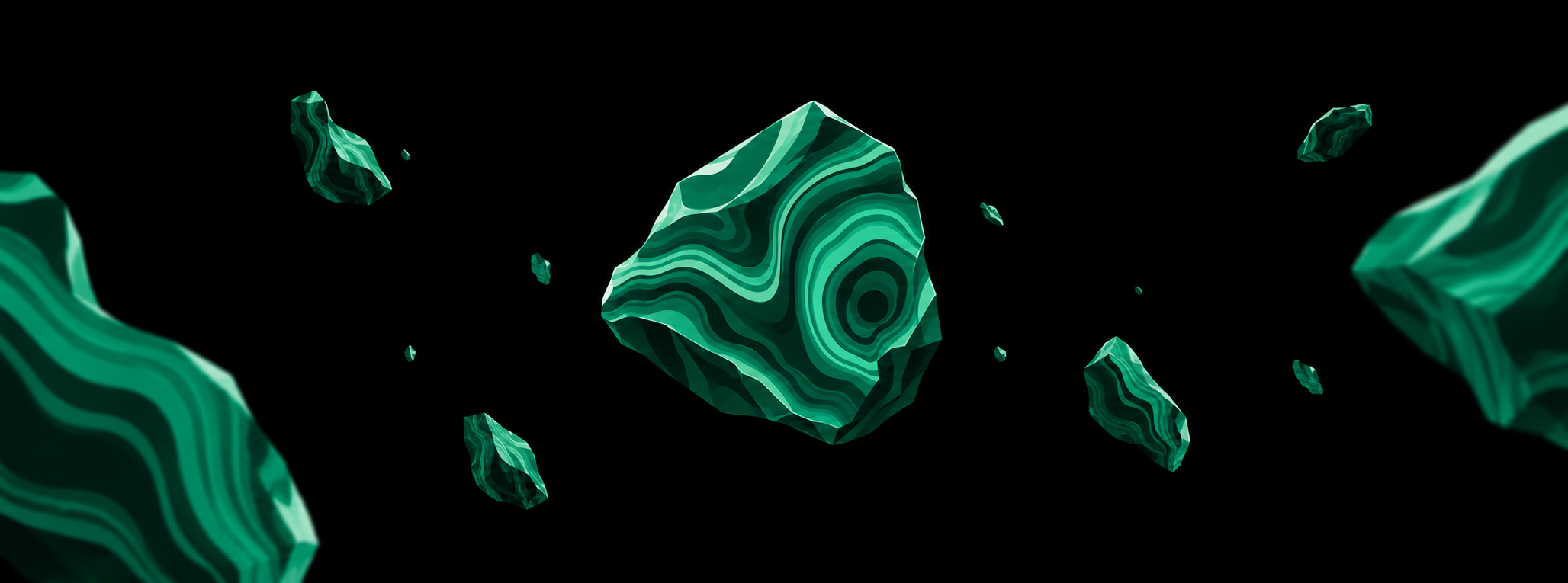 Malachite stones floating in a dark space